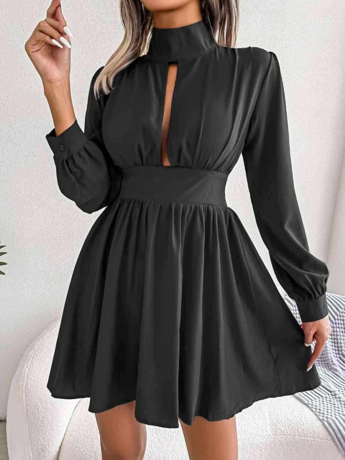 Cutout Turtleneck A-Line Mini Dress - 808Lush