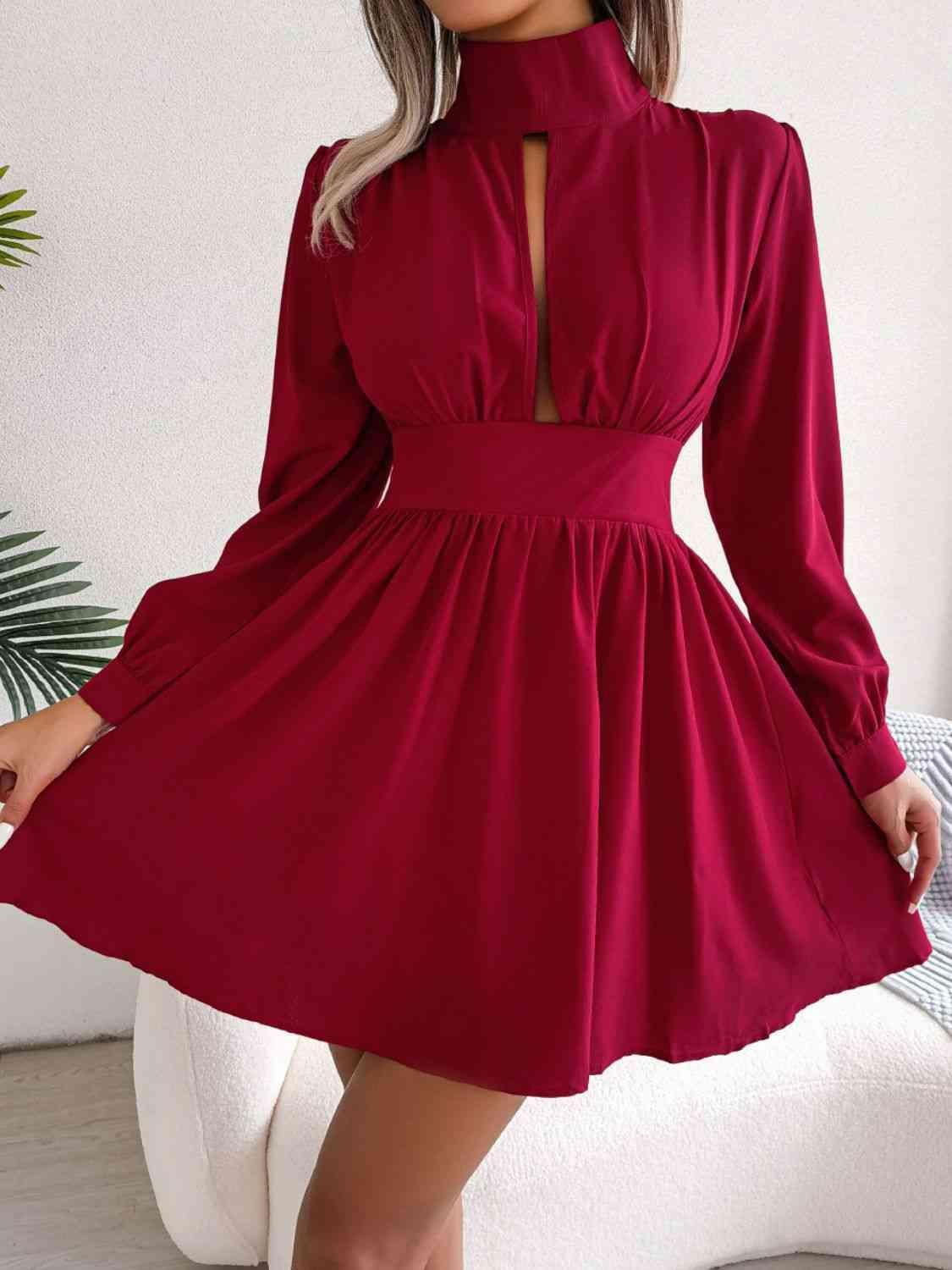 Cutout Turtleneck A-Line Mini Dress - 808Lush