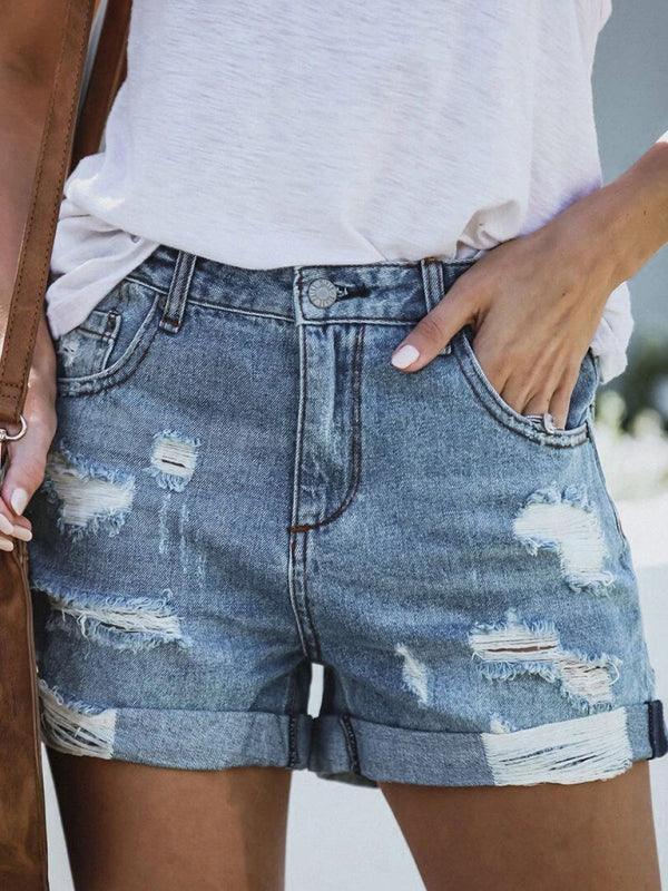 DESTROYED HIGH STRETCH DENIM SHORTS - 808Lush