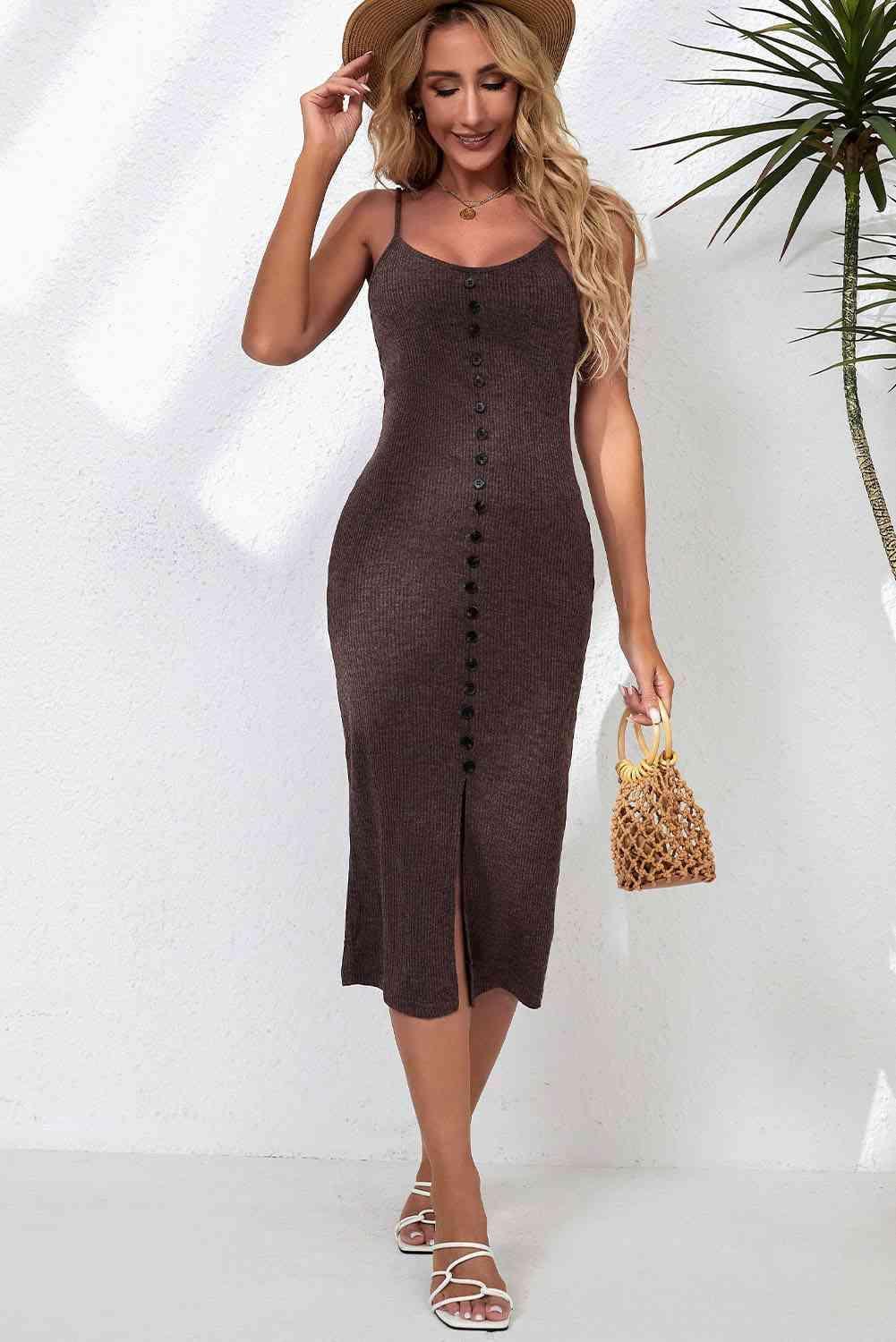 Decorative Button Slit Midi Dress - 808Lush