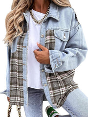 Denim Jacket Long Sleeve Check Button Down Shirt Jacket Top - 808Lush