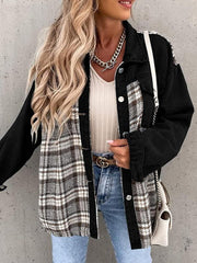 Denim Jacket Long Sleeve Check Button Down Shirt Jacket Top - 808Lush