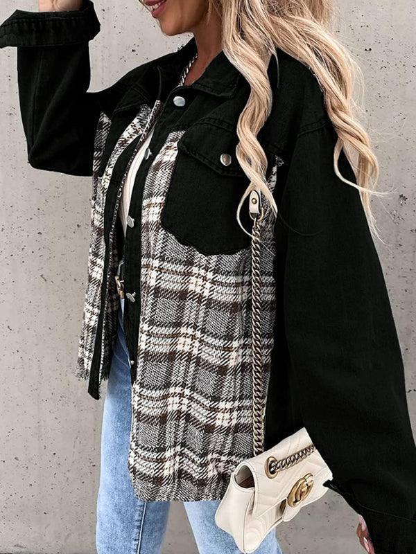 Denim Jacket Long Sleeve Check Button Down Shirt Jacket Top - 808Lush