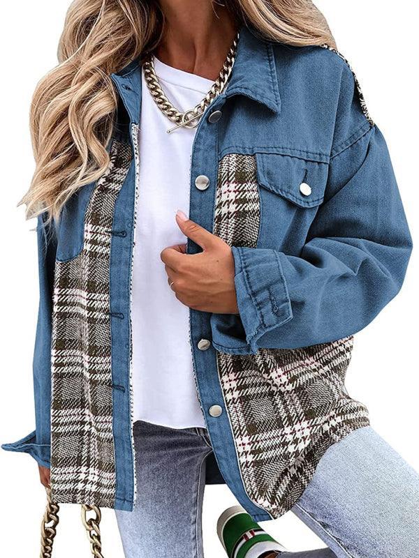 Denim Jacket Long Sleeve Check Button Down Shirt Jacket Top - 808Lush