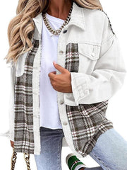 Denim Jacket Long Sleeve Check Button Down Shirt Jacket Top - 808Lush