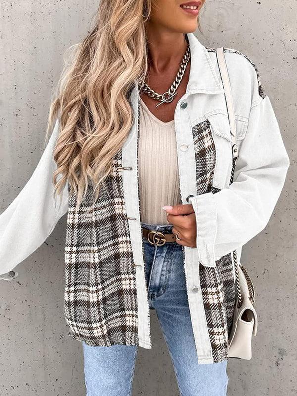 Denim Jacket Long Sleeve Check Button Down Shirt Jacket Top - 808Lush