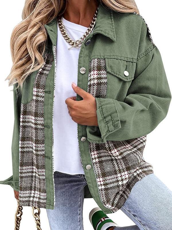 Denim Jacket Long Sleeve Check Button Down Shirt Jacket Top - 808Lush