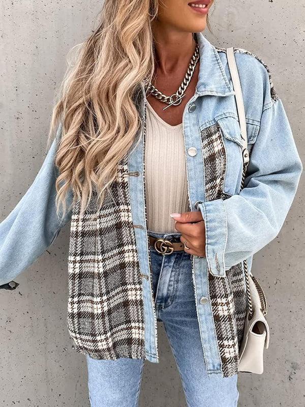 Denim Jacket Long Sleeve Check Button Down Shirt Jacket Top - 808Lush