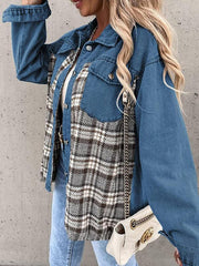 Denim Jacket Long Sleeve Check Button Down Shirt Jacket Top - 808Lush