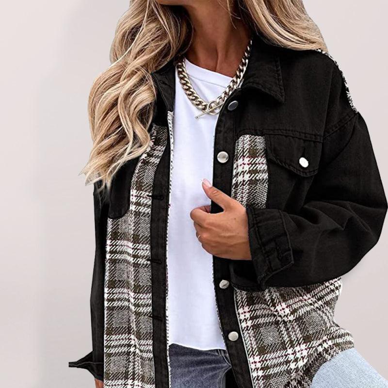 Denim Jacket Long Sleeve Check Button Down Shirt Jacket Top - 808Lush