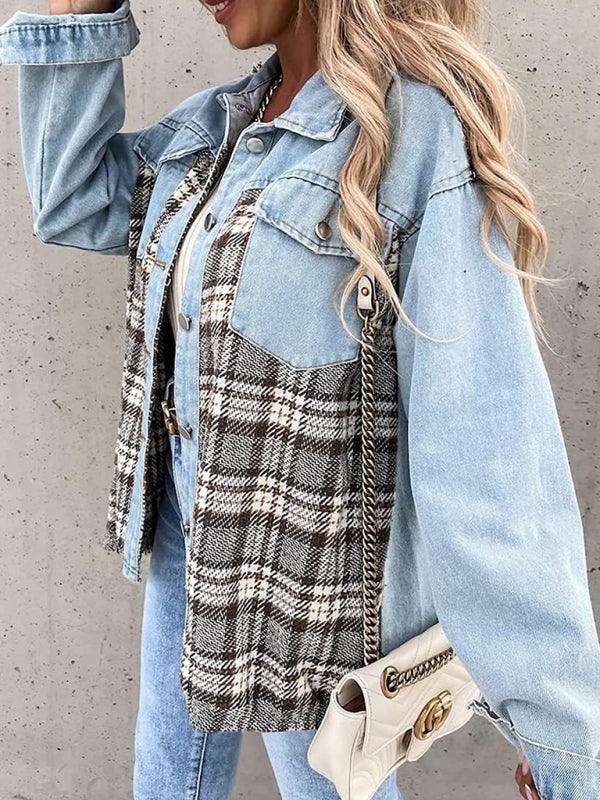 Denim Jacket Long Sleeve Check Button Down Shirt Jacket Top - 808Lush