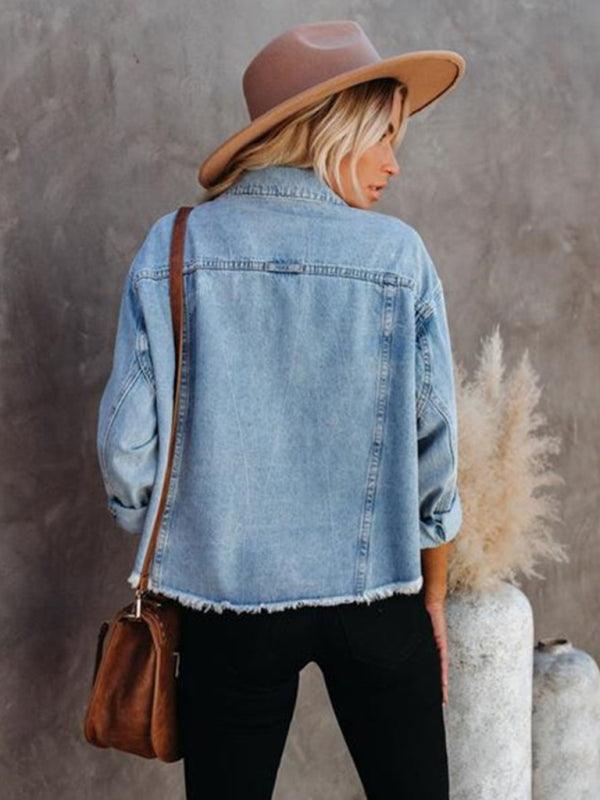 Denim jacket women street trendy loose raw edge cropped jacket - 808Lush