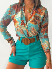 Digital Printing Stand Collar Long Sleeve Shirt Ladies Set - 808Lush