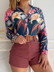 Digital Printing Stand Collar Long Sleeve Shirt Ladies Set - 808Lush