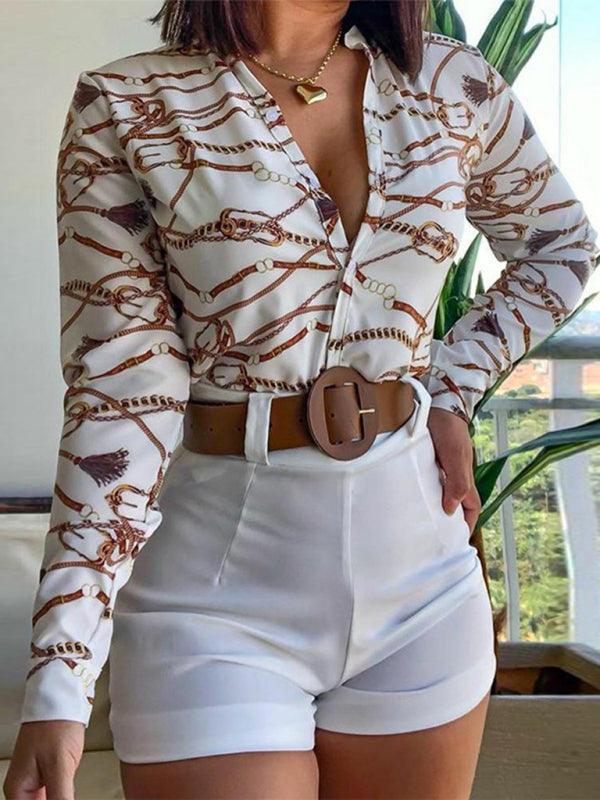 Digital Printing Stand Collar Long Sleeve Shirt Ladies Set - 808Lush