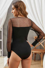 Dotted Spliced Mesh Round Neck Bodysuit - 808Lush