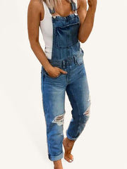 Double shoulder suspenders ripped denim jumpsuit women's casual - 808Lush