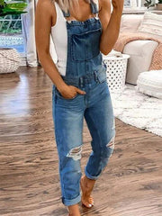 Double shoulder suspenders ripped denim jumpsuit women's casual - 808Lush