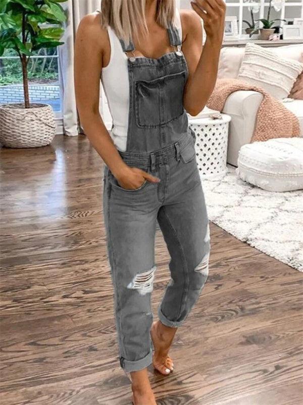 Double shoulder suspenders ripped denim jumpsuit women's casual - 808Lush