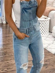 Double shoulder suspenders ripped denim jumpsuit women's casual - 808Lush