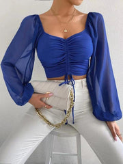 Drawstring Knit Paneled Chiffon Top Feminine Top European and American - 808Lush