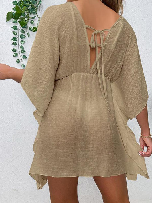 Drop shoulder loose beach cover-up solid color sun protection shirt waist tie bikini cover-up - 808Lush