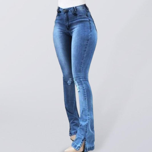 Elastic slit flared high waist jeans women's trousers - 808Lush