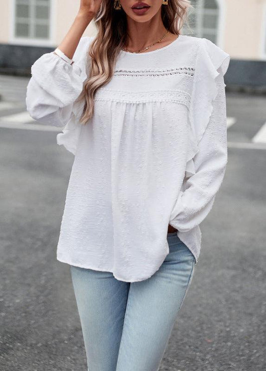 Elegant casual lace patchwork long-sleeved top blouse - 808Lush