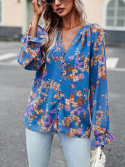 Elegant floral print shirt with V-neck buttons blouse - 808Lush