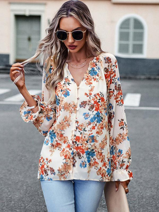 Elegant floral print shirt with V-neck buttons blouse - 808Lush