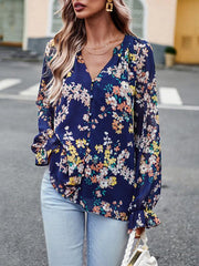 Elegant floral print shirt with V-neck buttons blouse - 808Lush