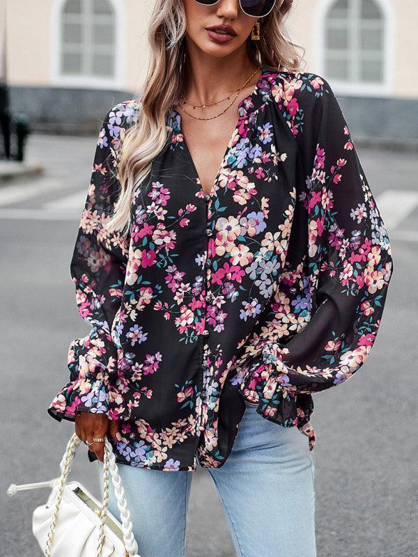 Elegant floral print shirt with V-neck buttons blouse - 808Lush