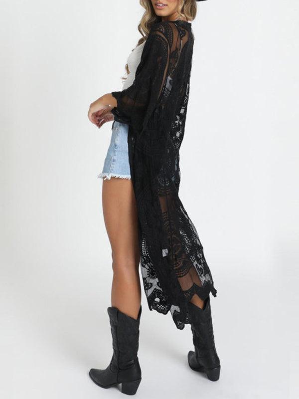 Embroidered lace bikini and mesh cardigan beach cover-up - 808Lush