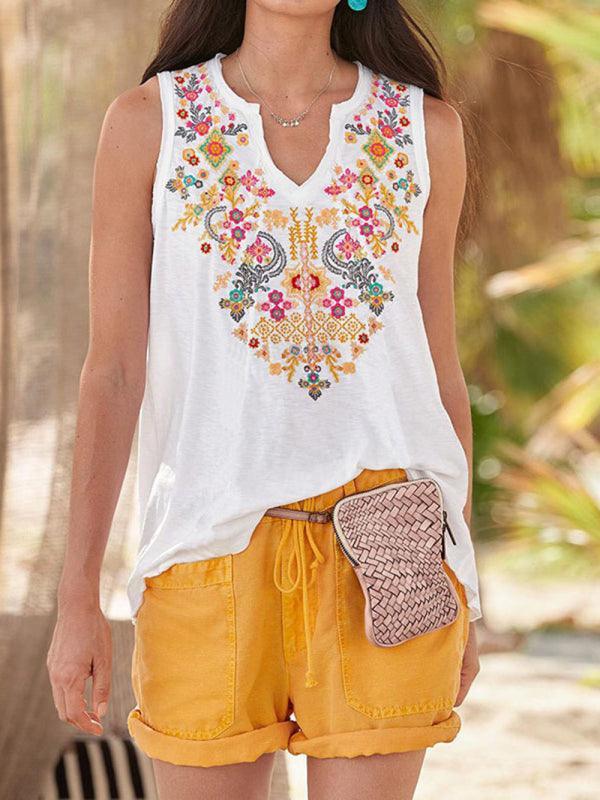 European and American women's ethnic style embroidery top T-shirt vest - 808Lush