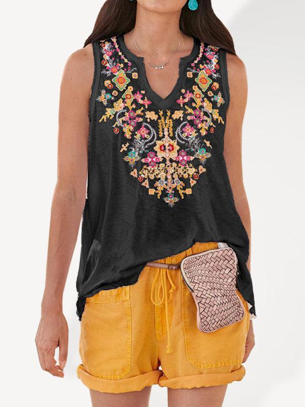 European and American women's ethnic style embroidery top T-shirt vest - 808Lush