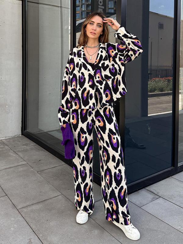 Fashion Casual Suit Printed Suit Collar Cropped Long Sleeve Top High Waist Wide Leg Pants Set - 808Lush