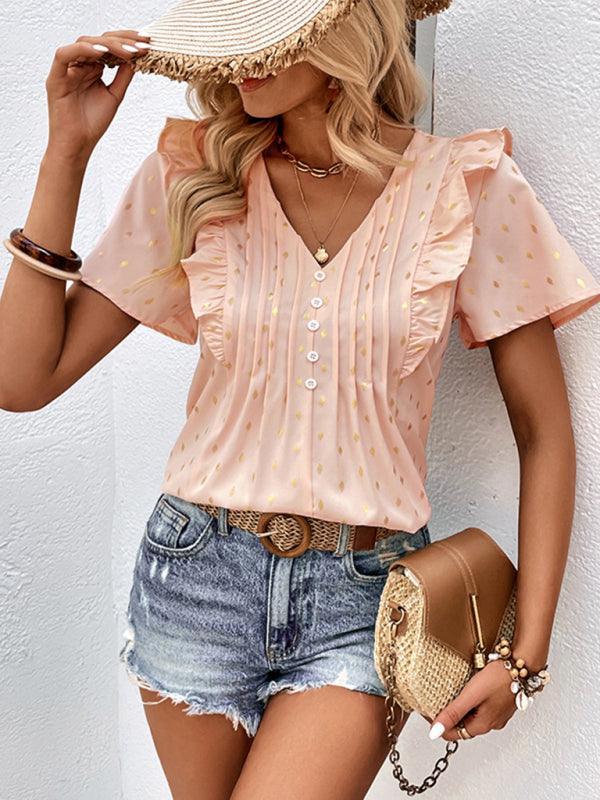 Fashion Casual Women's Falbala Pink Bronzing Shirt - 808Lush