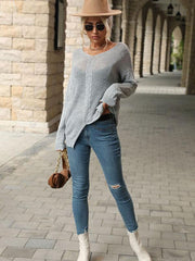 Fashion Women's V-Neck Twist Long Sleeve Grey Sweater - 808Lush