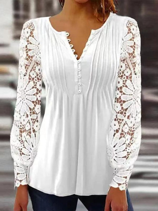 Fashion women's lace sleeves pleated solid color button t-shirt bottoming shirt - 808Lush