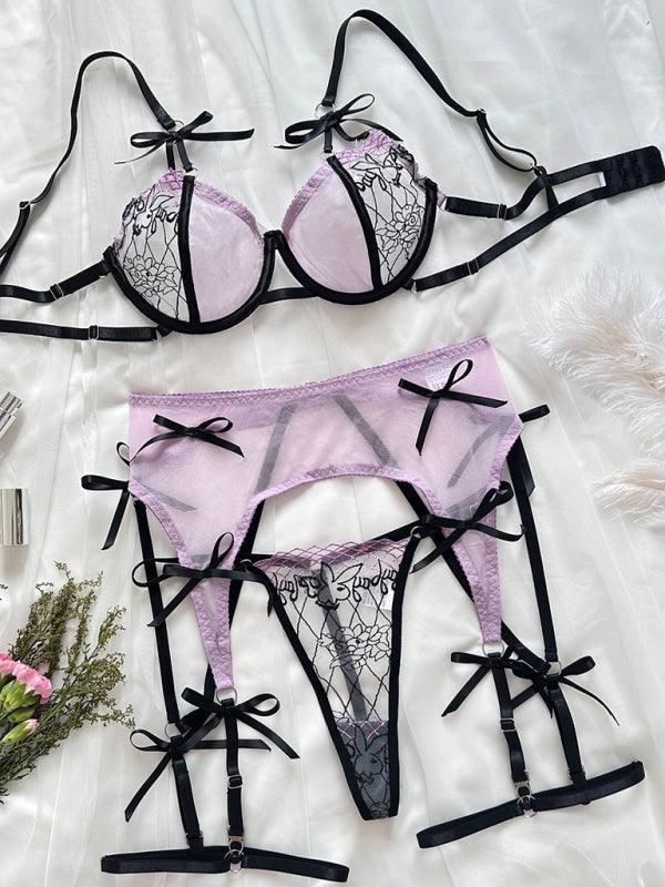 Fashionable embroidered see-through mesh bow sexy underwear set - 808Lush