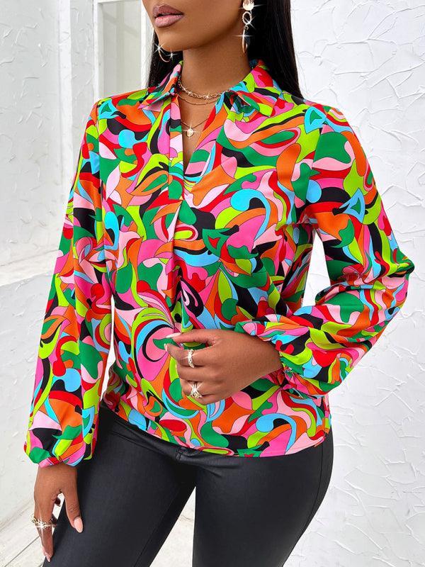 Fashionable slim long-sleeved autumn and winter shirt with printed lapel - 808Lush