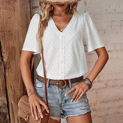 Fashionable white short-sleeved shirt blouse - 808Lush