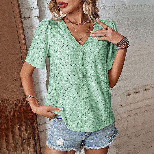 Fashionable white short-sleeved shirt blouse - 808Lush