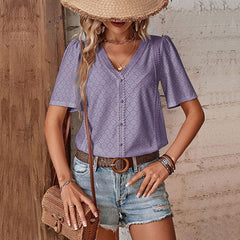 Fashionable white short-sleeved shirt blouse - 808Lush