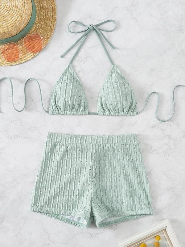 Feminine lace-up textured two-piece bikini - 808Lush