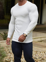 Fitness casual elastic vertical stripe round neck long-sleeved T-shirt - 808Lush