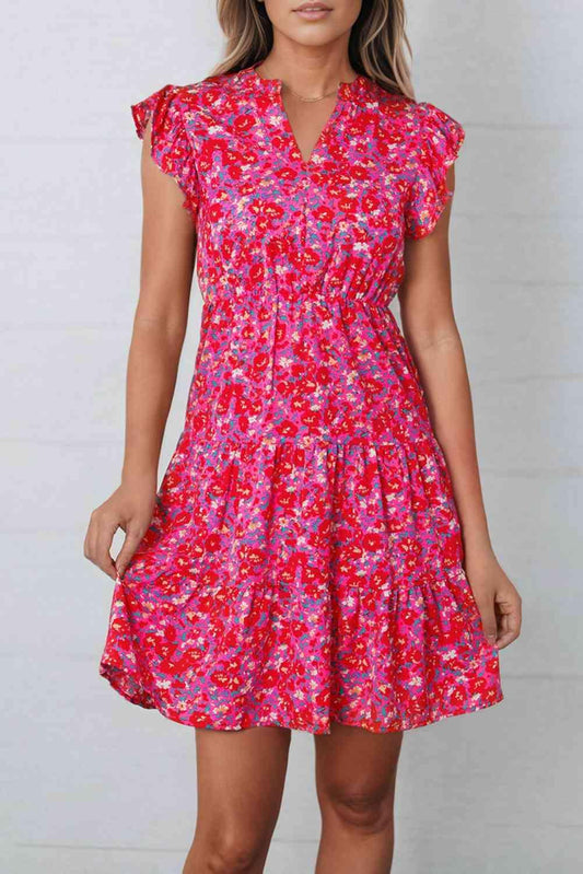 Floral Print Notched Neck Cap Sleeve Mini Dress - 808Lush