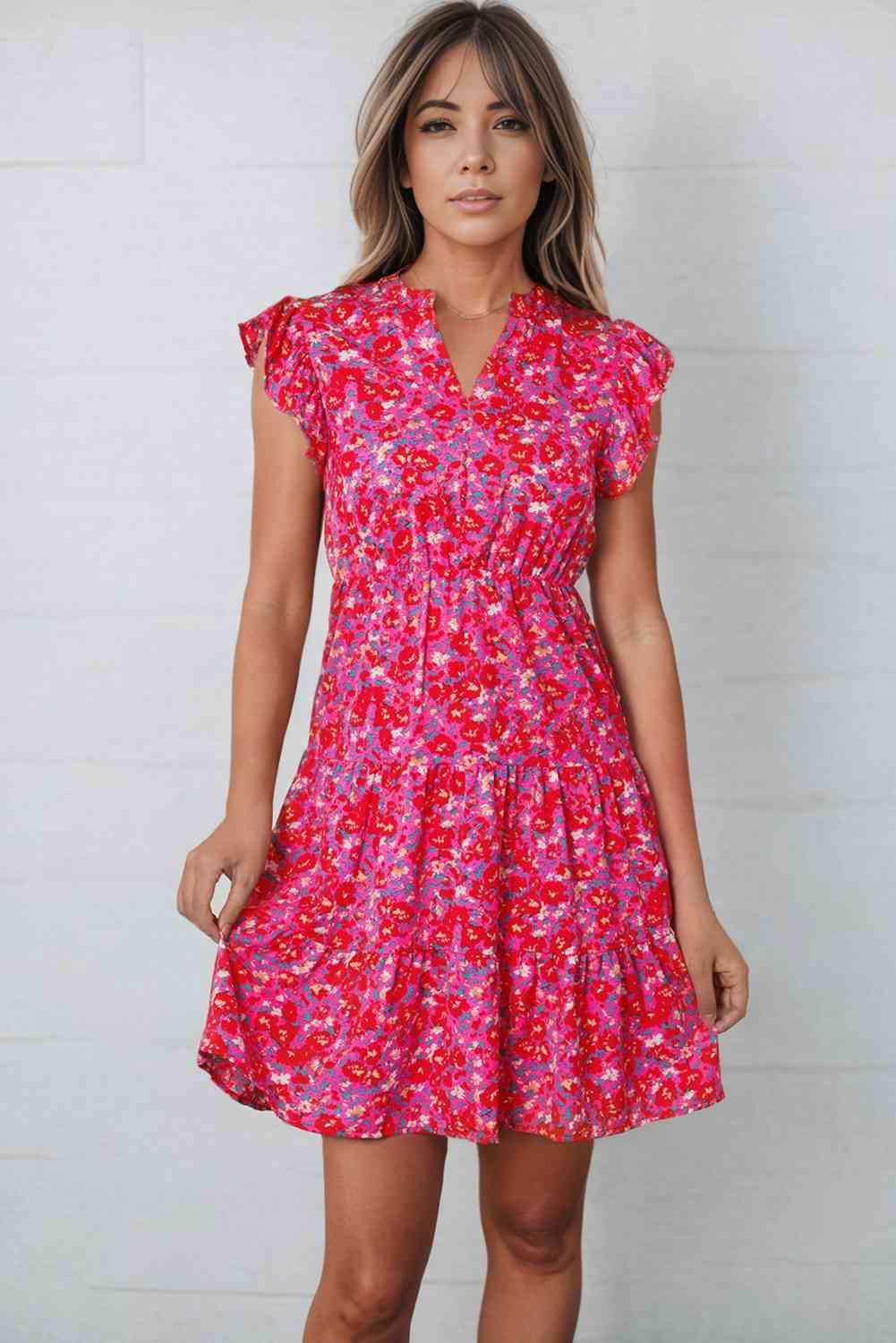 Floral Print Notched Neck Cap Sleeve Mini Dress - 808Lush