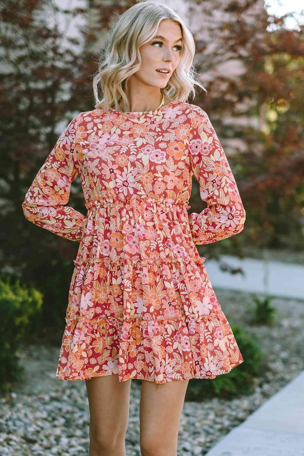 Floral Mini Dress Long Sleeve Tiered Dress - 808Lush