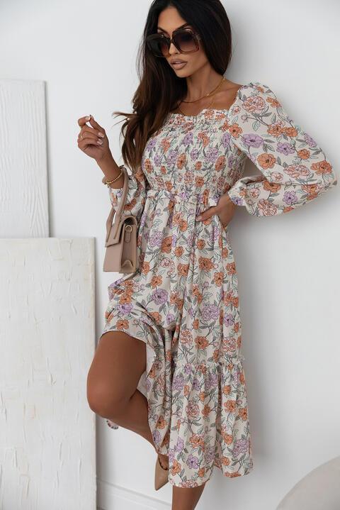 Floral Smocked Square Neck Dress - 808Lush